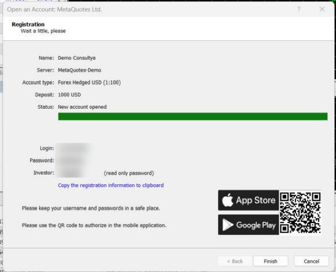 رقم الحساب (Login) وكلمة المرور (Password) وكلمة مرور المشاهدة (Investor) — أخفيناها في الصورة.